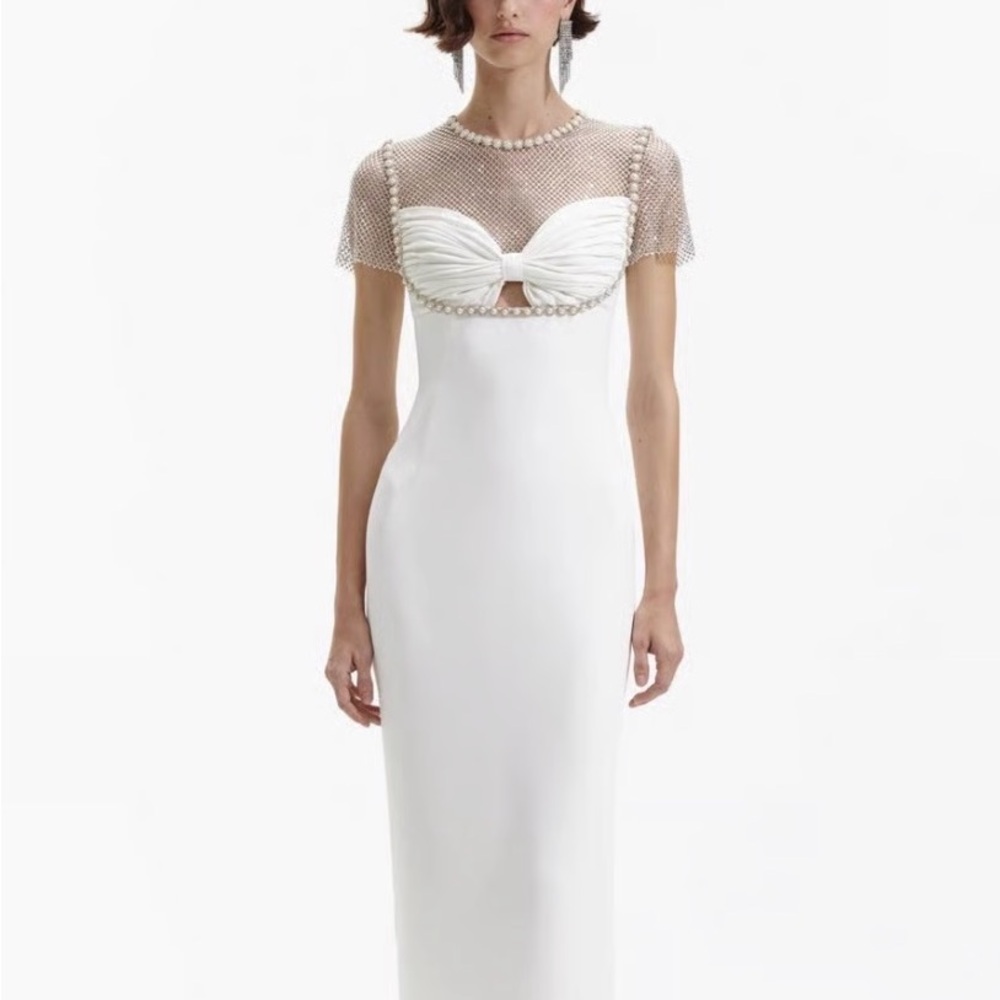 Self-Portrait White Pearl-Trim Sheer Yoke Gown